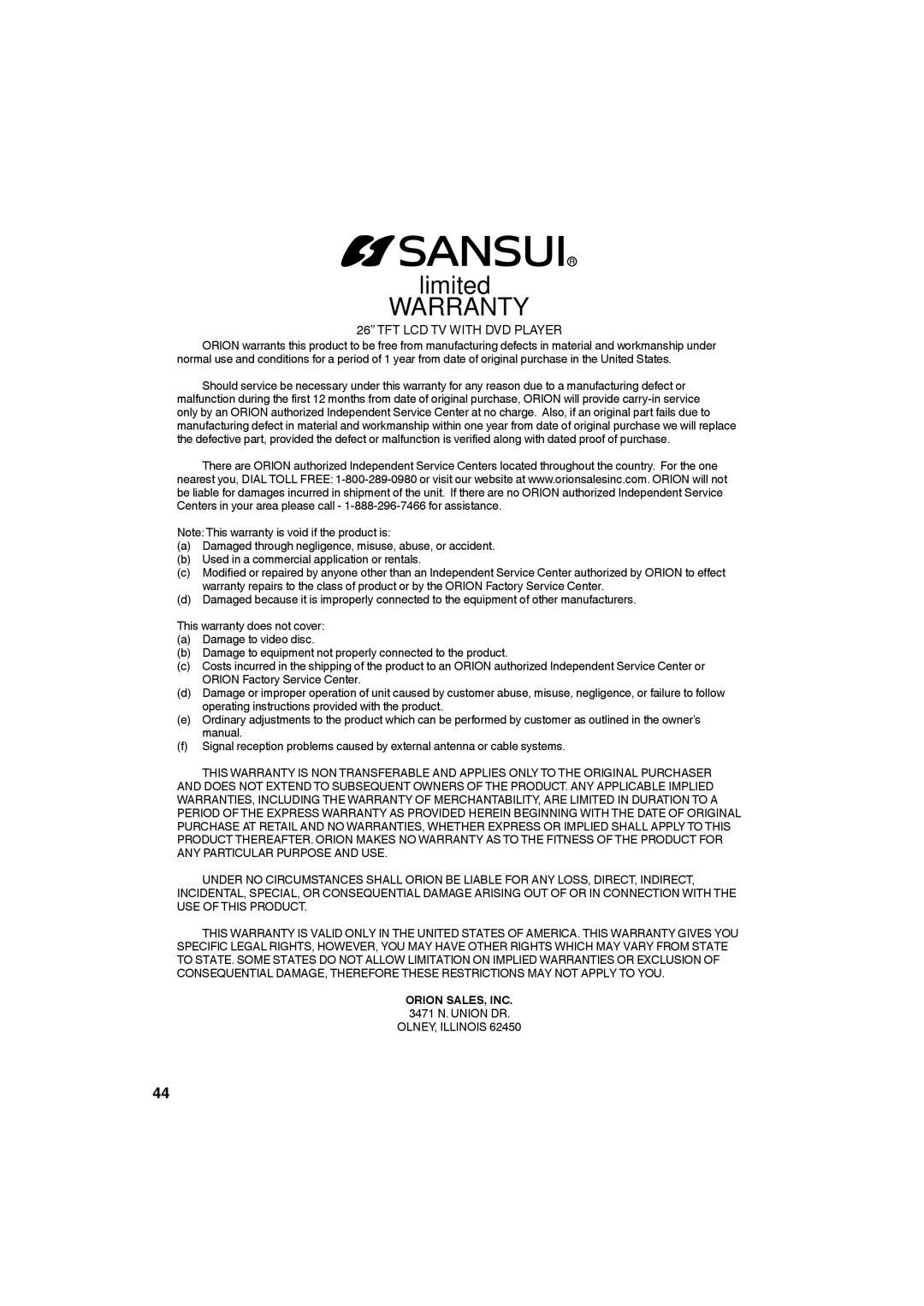 Sansui HDLCDVD265 owner manual Orion SALES, INC, 3471 N. Union DR 