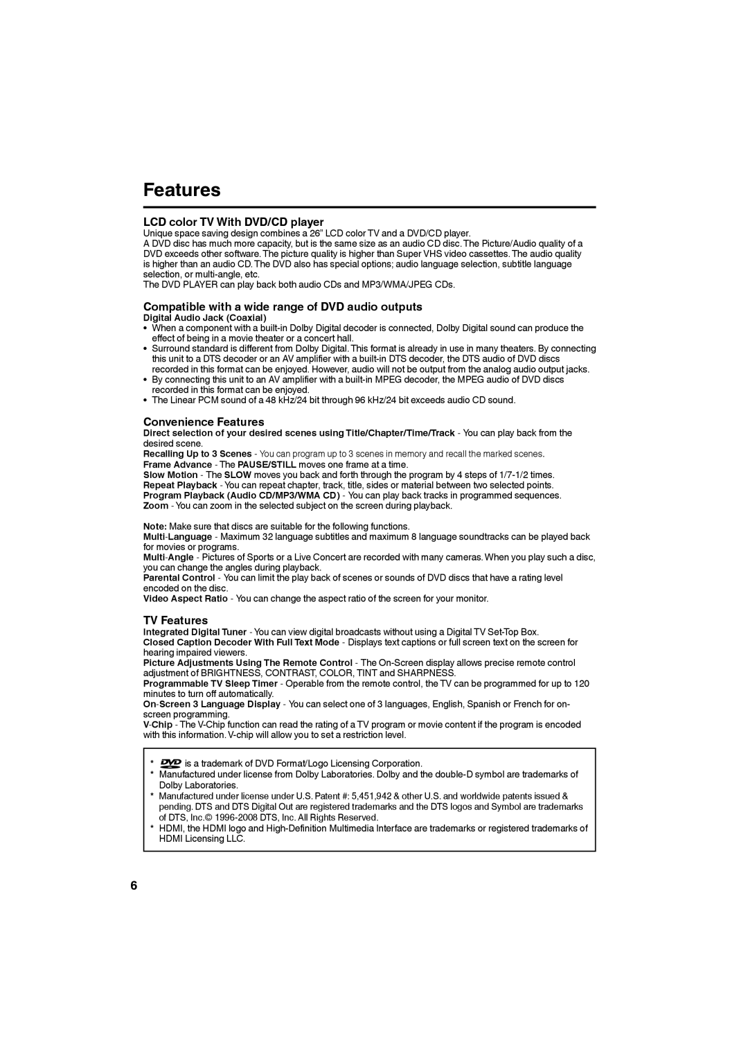 Sansui HDLCDVD265 owner manual Features, Digital Audio Jack Coaxial 