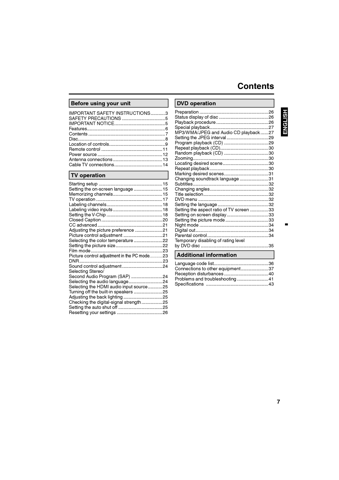 Sansui HDLCDVD265 owner manual Contents 