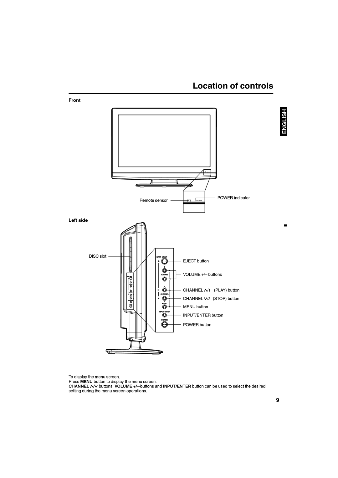 Sansui HDLCDVD265 owner manual Location of controls, Front, Left side 