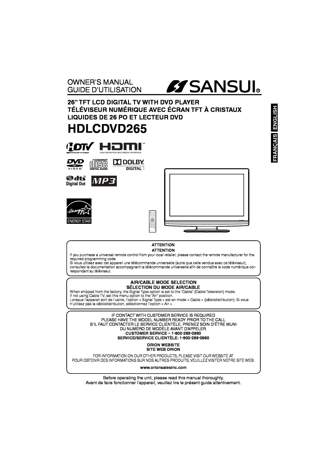 Sansui HDLCDVD265 owner manual Air/Cable Mode Selection Sélection Du Mode Air/Cable, Owner’S Manual Guide D’Utilisation 