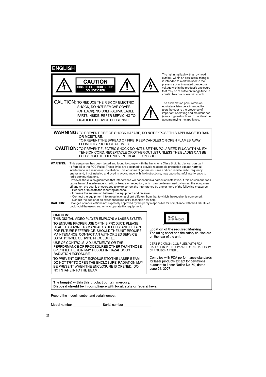 Sansui HDLCDVD265 owner manual English, Location of the required Marking, The lamps within this product contain mercury 