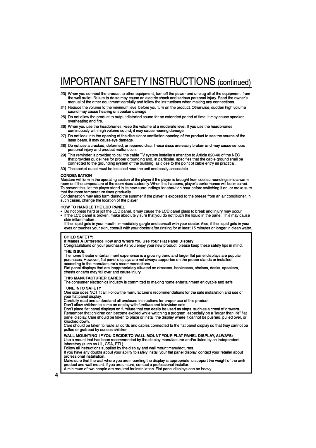Sansui HDLCDVD265 IMPORTANT SAFETY INSTRUCTIONS continued, Condensation, How To Handle The Lcd Panel, Child Safety 