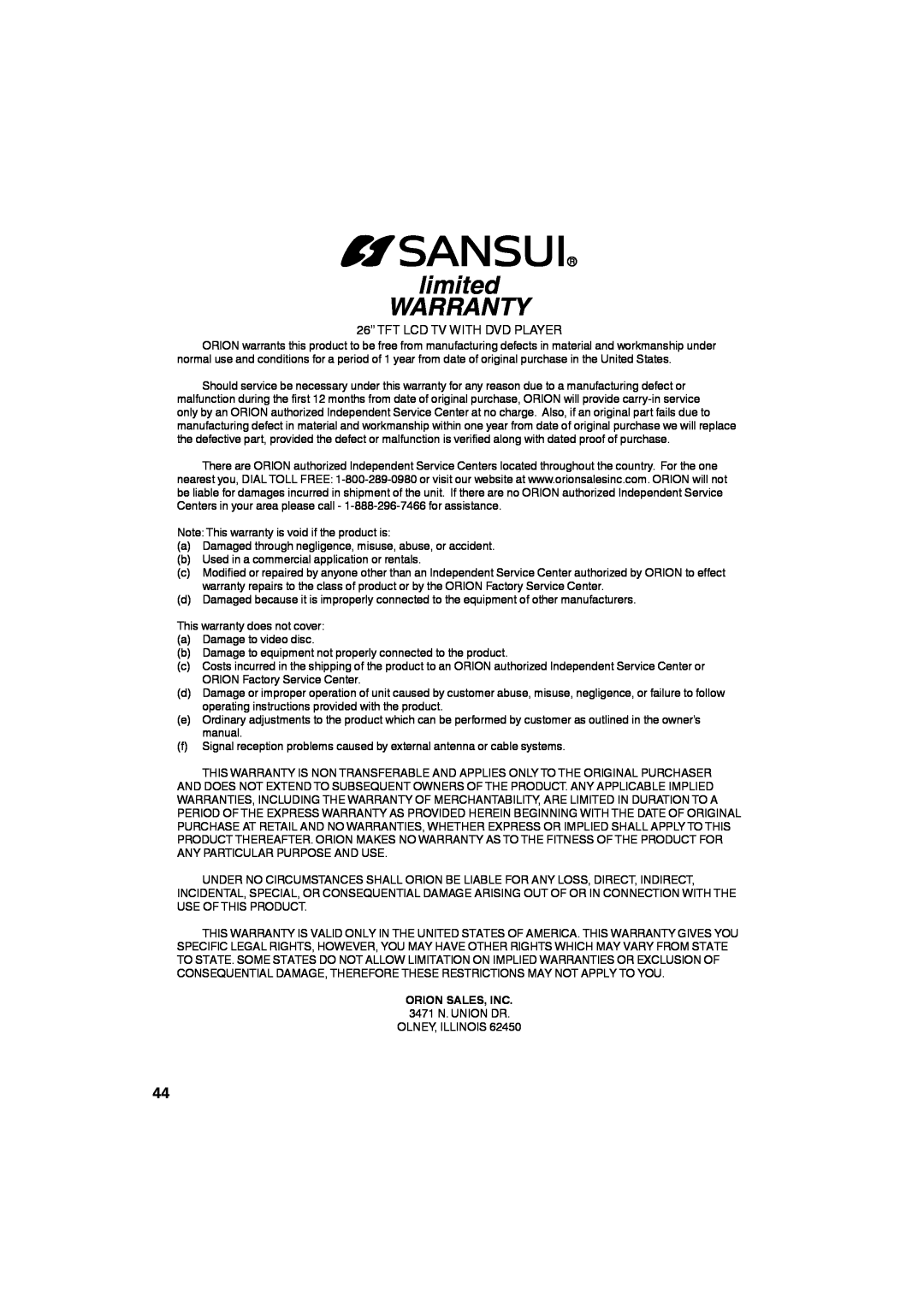 Sansui HDLCDVD265 owner manual limited WARRANTY, 26” TFT LCD TV WITH DVD PLAYER, Orion Sales, Inc 