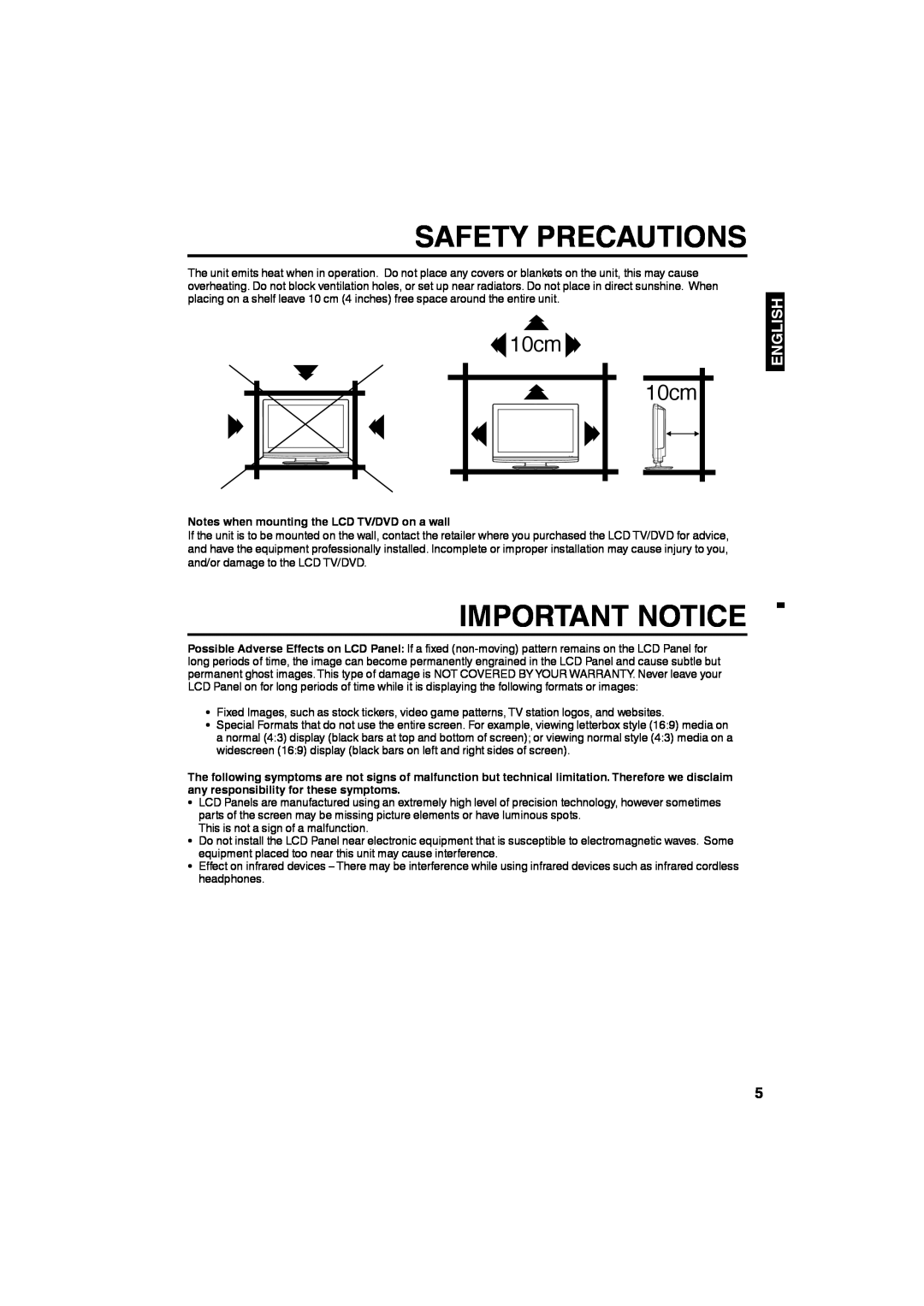 Sansui HDLCDVD265 Safety Precautions, Important Notice, 10cm 10cm, English, Notes when mounting the LCD TV/DVD on a wall 