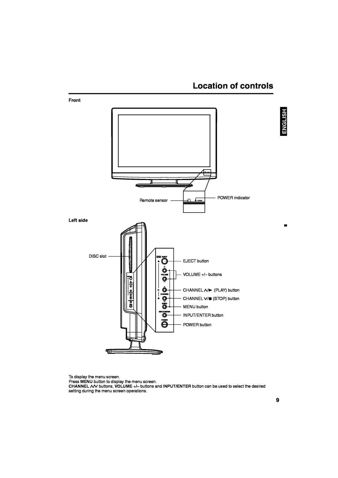 Sansui HDLCDVD265 owner manual Location of controls, Front, Left side, English 
