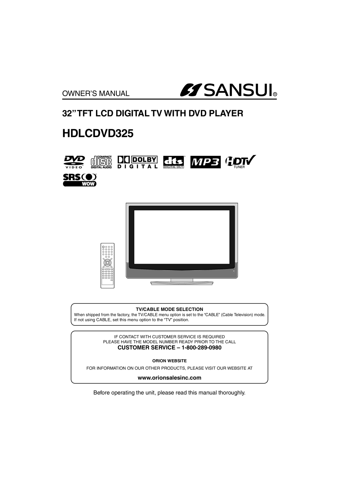 Sansui HDLCDVD325 owner manual Customer Service, Orion Website 