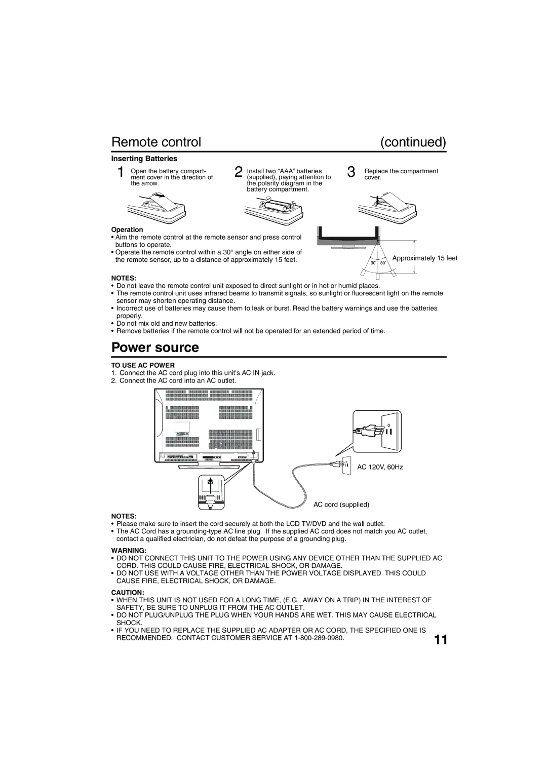 Sansui HDLCDVD325 owner manual Remote control, Power source, Inserting Batteries, Operation, To USE AC Power 