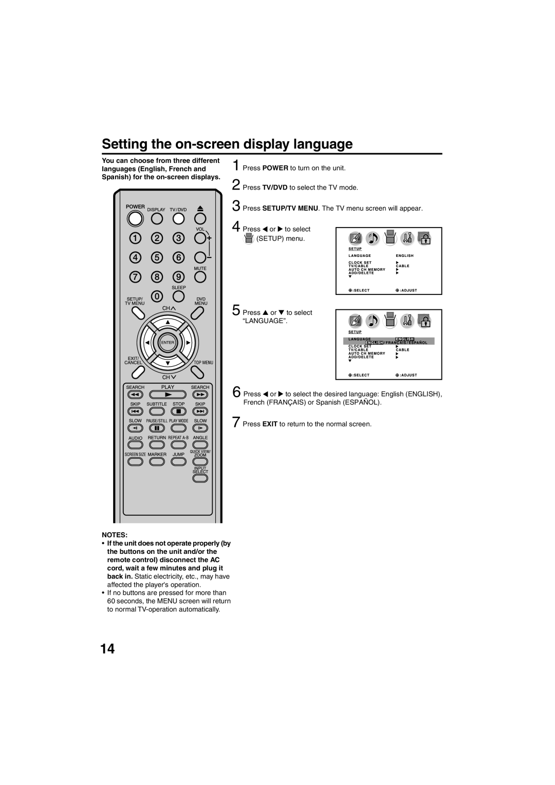 Sansui HDLCDVD325 owner manual Setting the on-screen display language, Press or to select, Language 