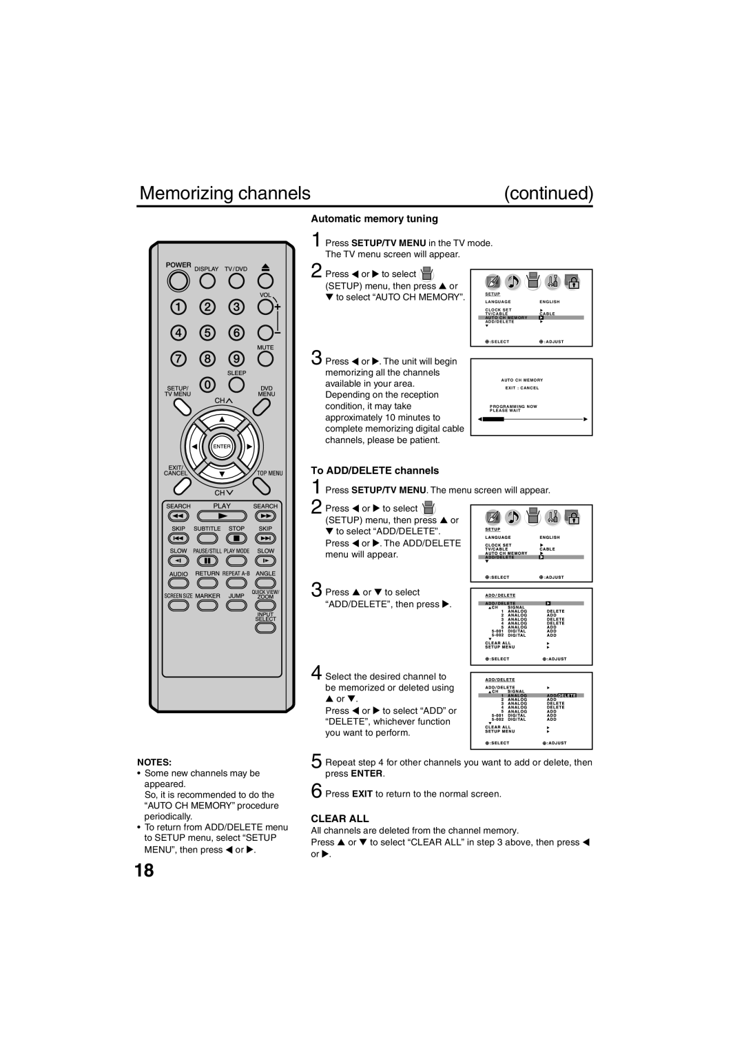 Sansui HDLCDVD325 owner manual Memorizing channels, Automatic memory tuning, To ADD/DELETE channels 