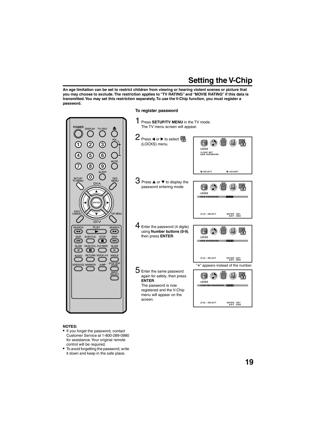 Sansui HDLCDVD325 owner manual Setting the V-Chip, To register password, Using Number buttons, Enter 