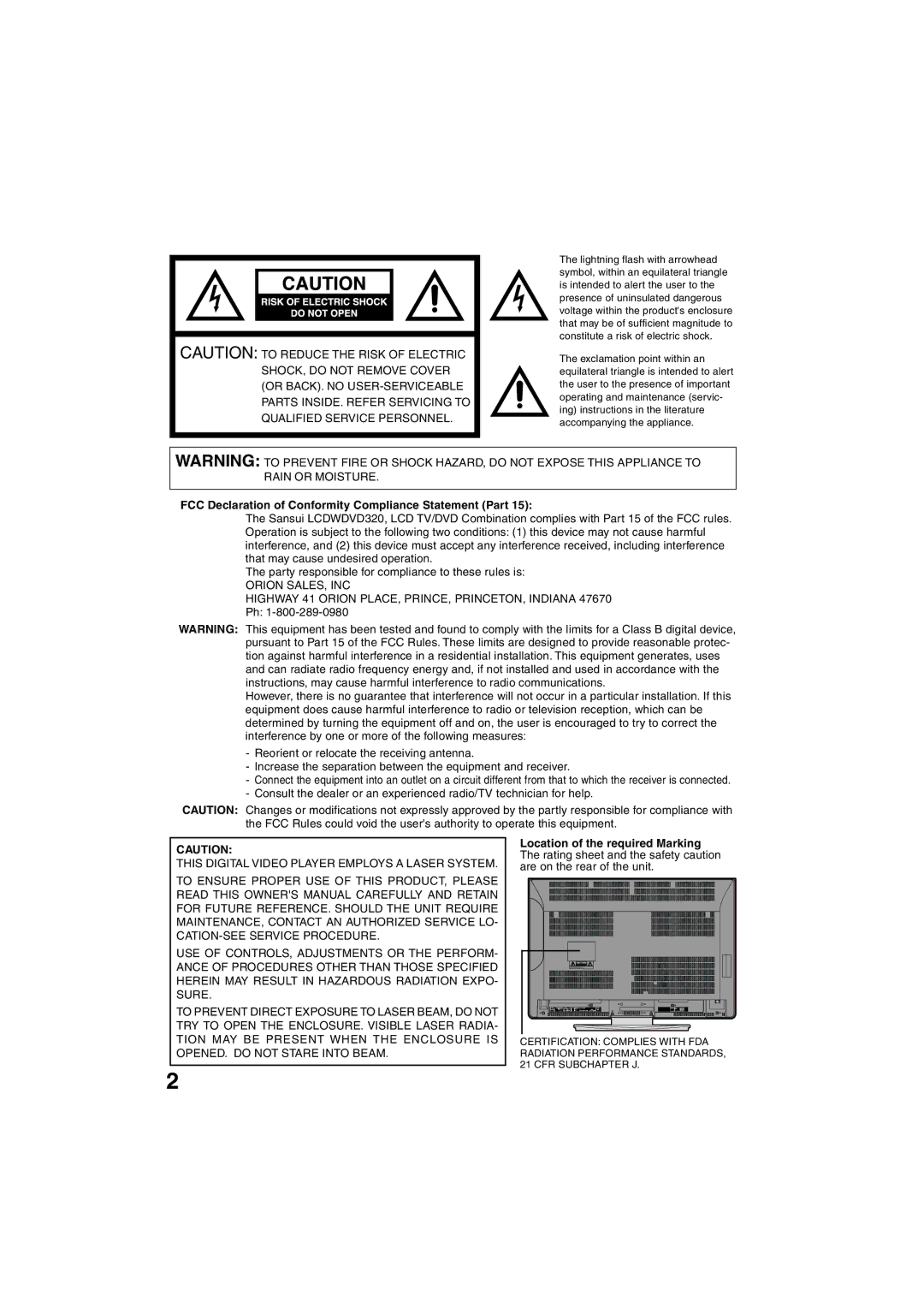 Sansui HDLCDVD325 SHOCK, do not Remove Cover, Or BACK. no USER-SERVICEABLE, Qualified Service Personnel, Orion SALES, INC 