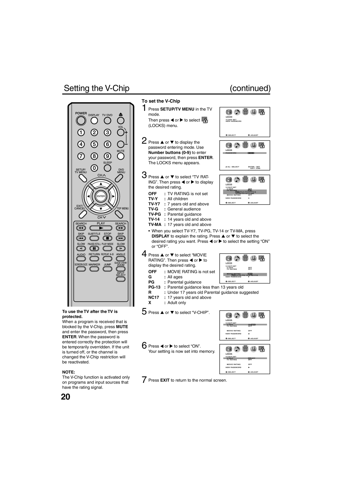 Sansui HDLCDVD325 owner manual Setting the V-Chip, To set the V-Chip 