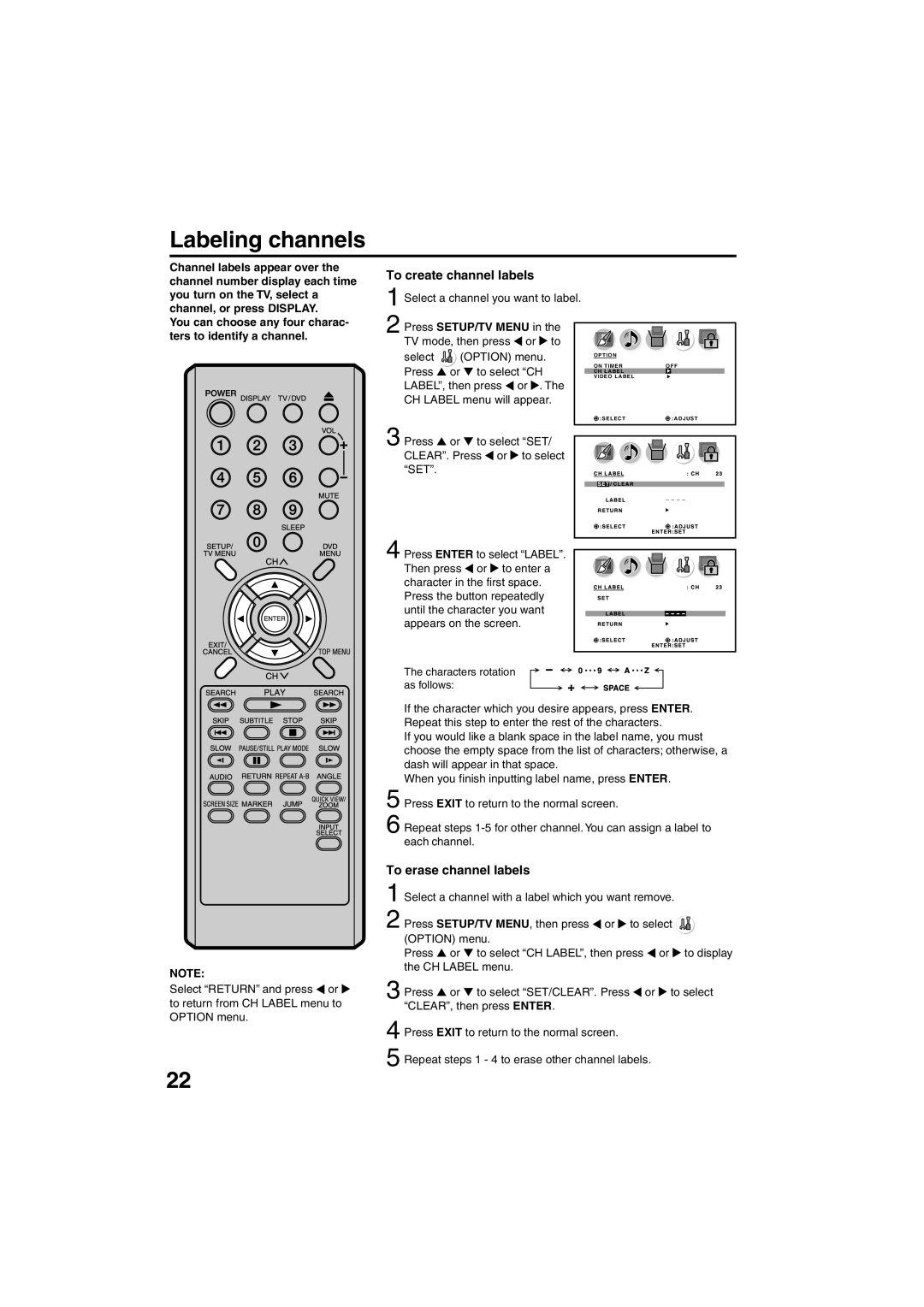 Sansui HDLCDVD325 owner manual Labeling channels, To create channel labels, To erase channel labels 