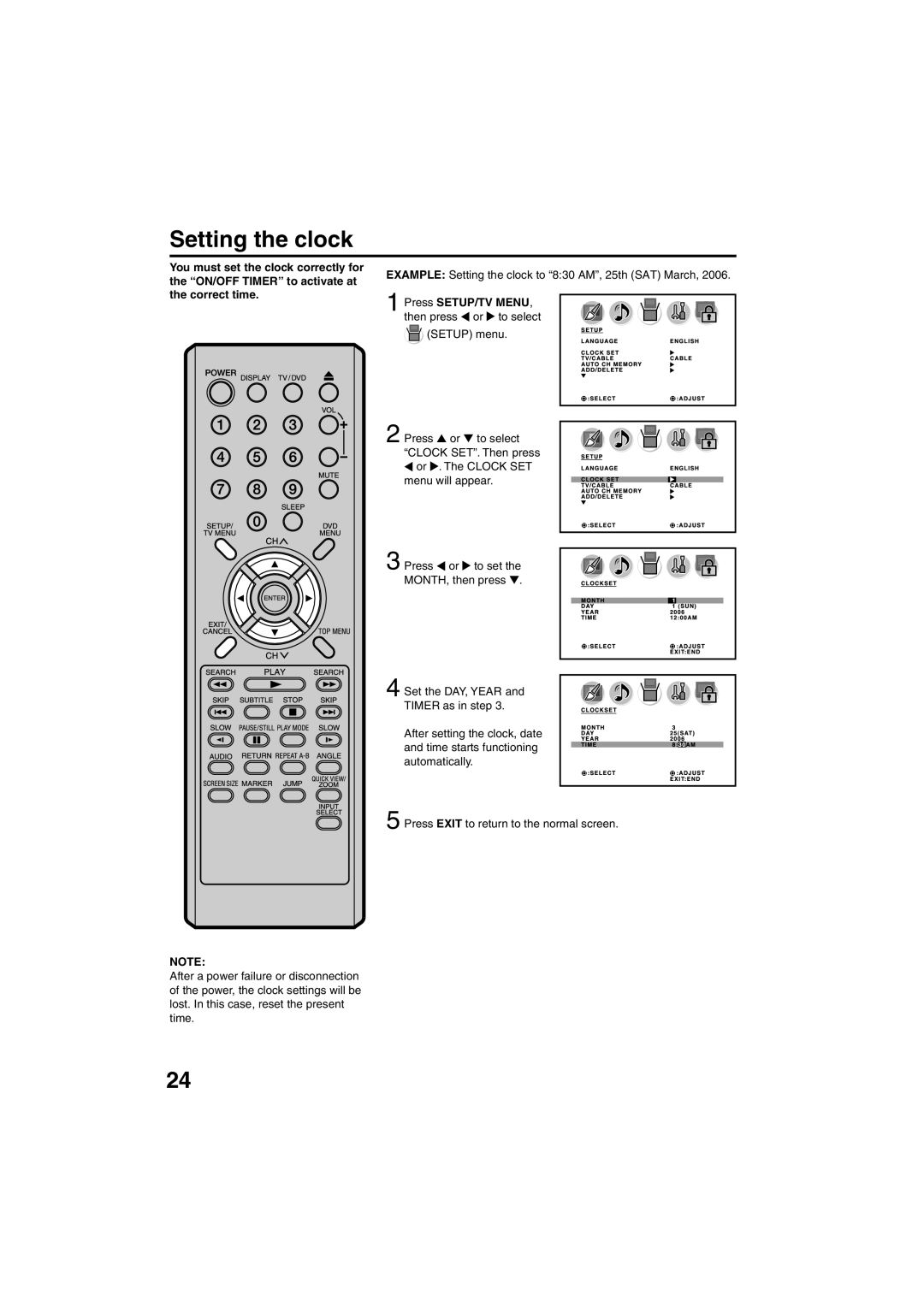 Sansui HDLCDVD325 owner manual Setting the clock 