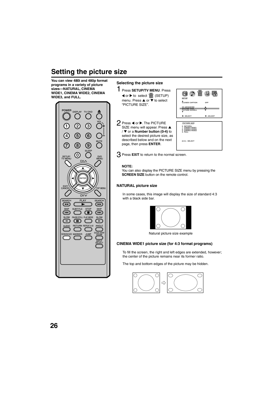 Sansui HDLCDVD325 owner manual Setting the picture size, Selecting the picture size, Natural picture size 