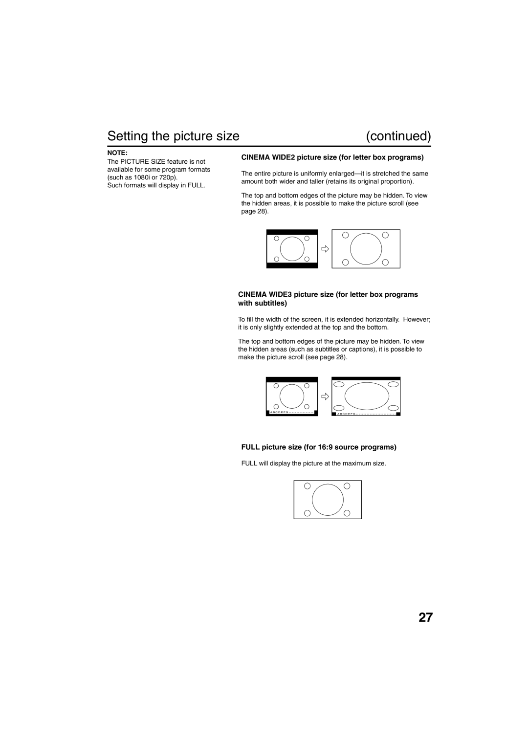 Sansui HDLCDVD325 owner manual Setting the picture size, Cinema WIDE2 picture size for letter box programs 