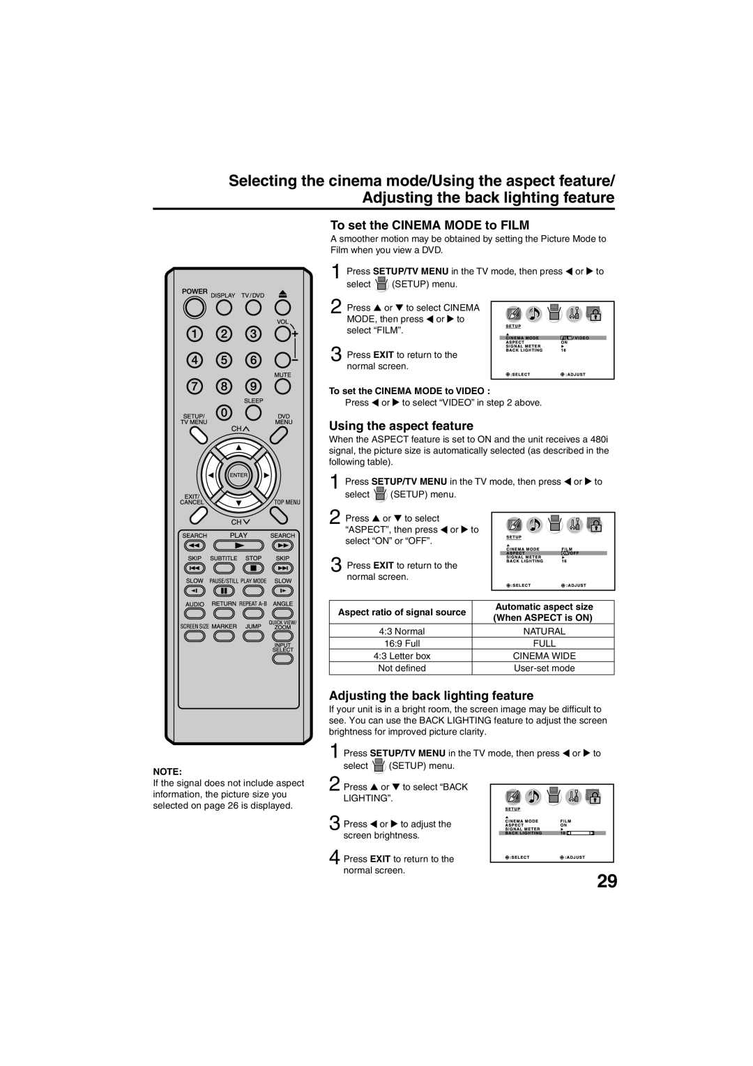 Sansui HDLCDVD325 To set the Cinema Mode to Film, Using the aspect feature, Adjusting the back lighting feature 