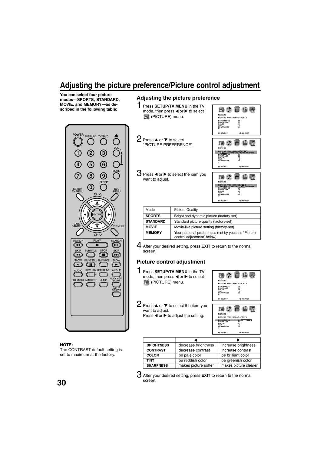 Sansui HDLCDVD325 owner manual Adjusting the picture preference, Picture control adjustment, Picture Preference 