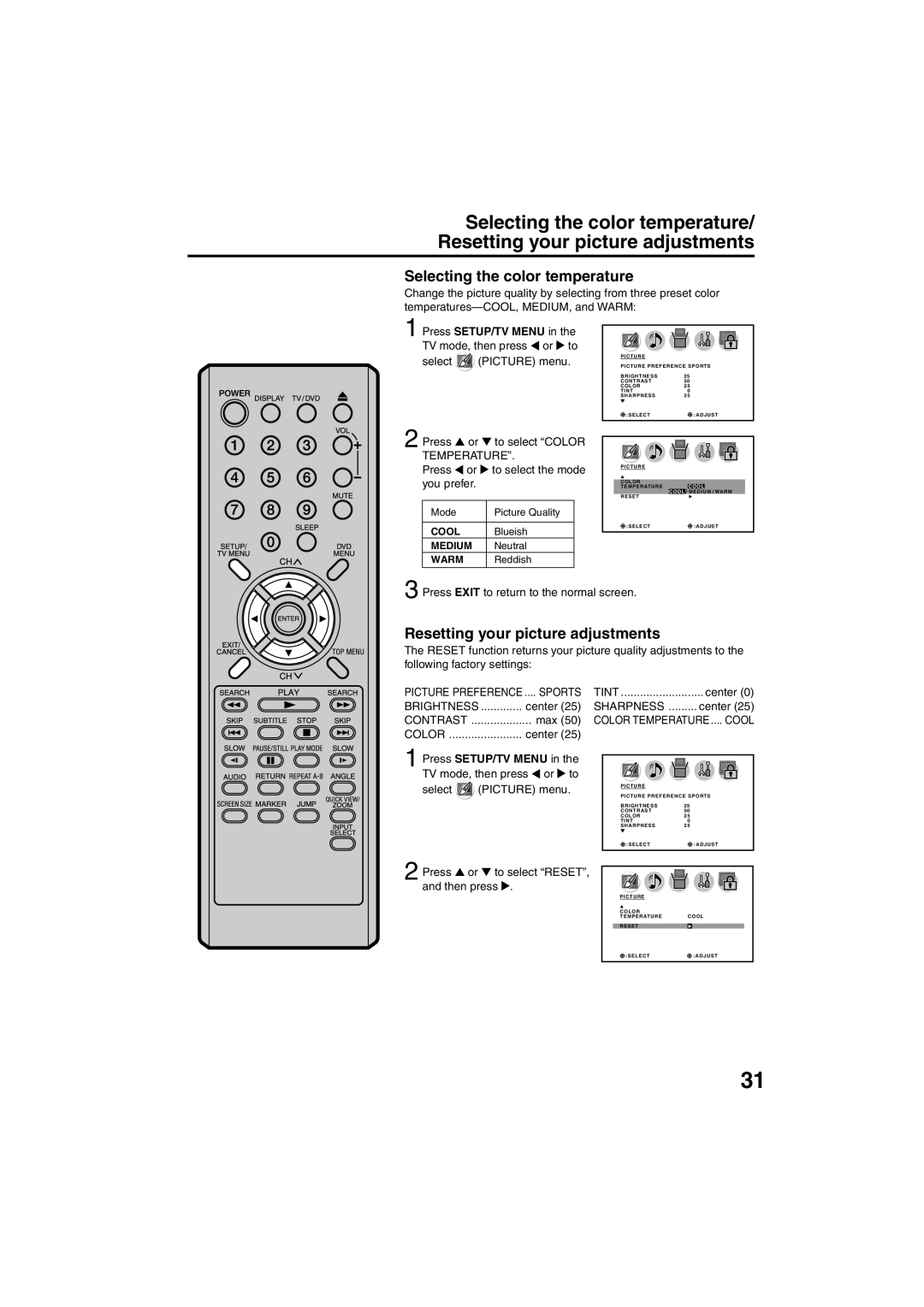 Sansui HDLCDVD325 owner manual Selecting the color temperature, Resetting your picture adjustments, Contrast 