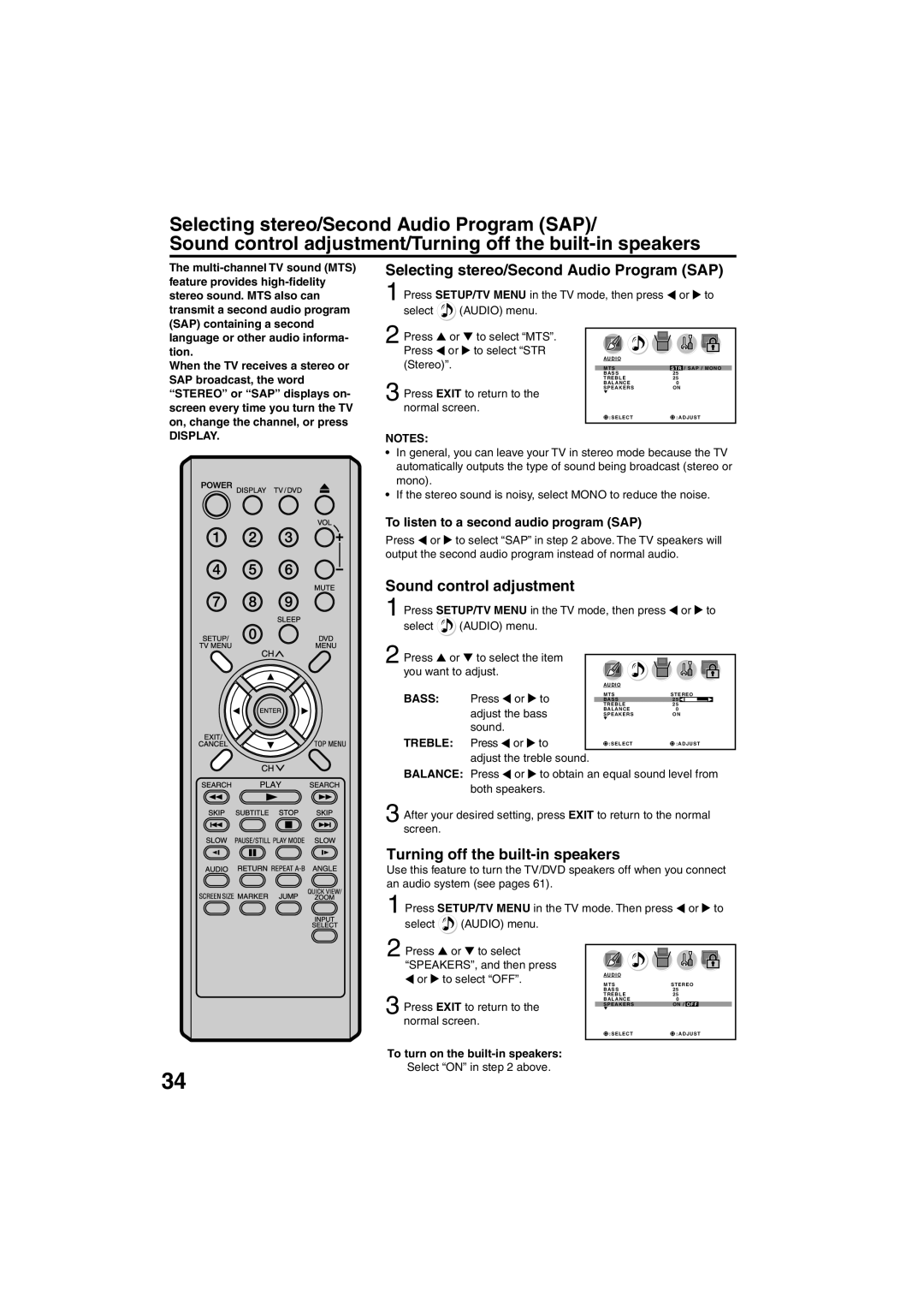 Sansui HDLCDVD325 Selecting stereo/Second Audio Program SAP, Sound control adjustment, Turning off the built-in speakers 