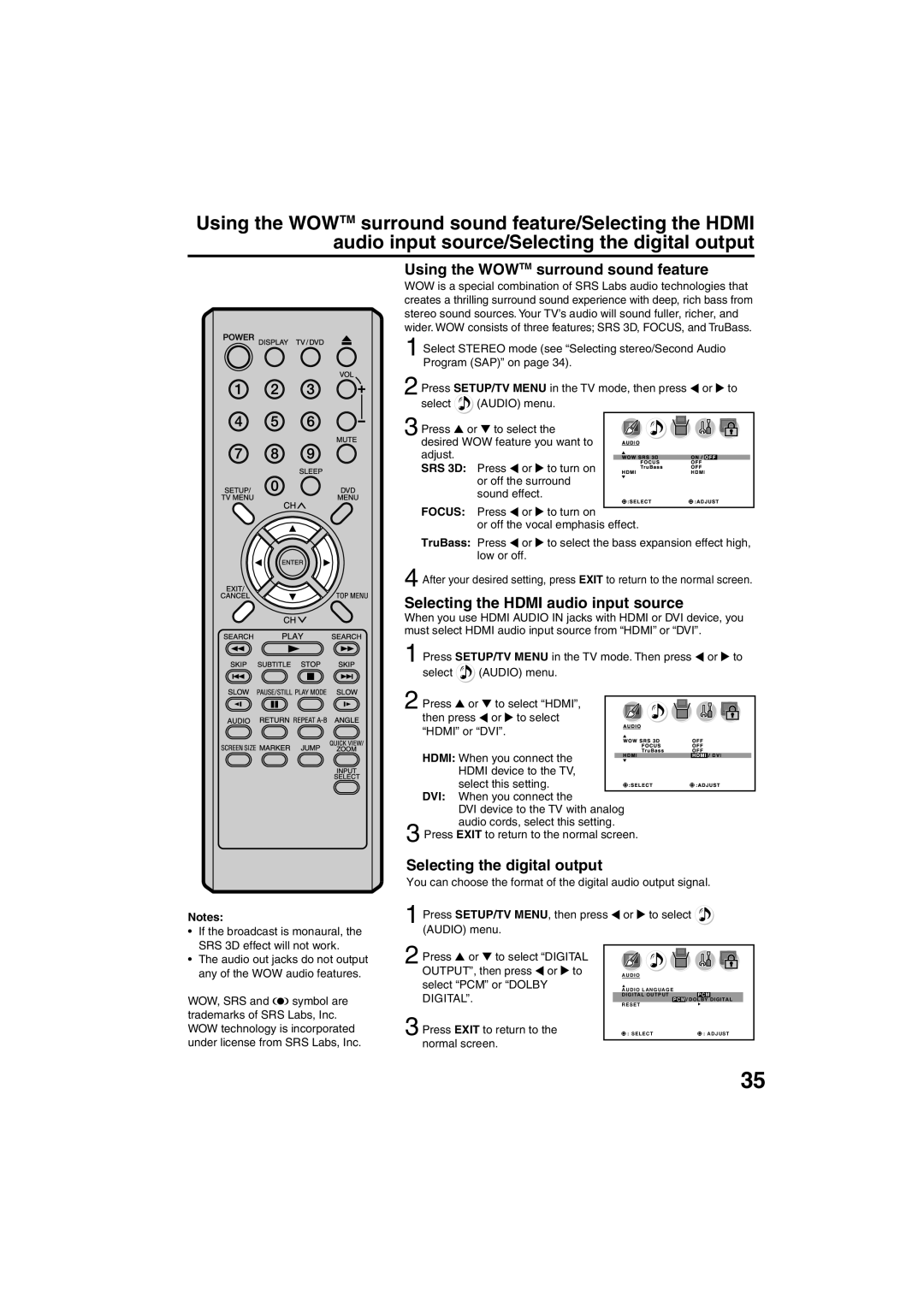 Sansui HDLCDVD325 owner manual Using the Wowtm surround sound feature, Selecting the Hdmi audio input source, SRS 3D, Focus 