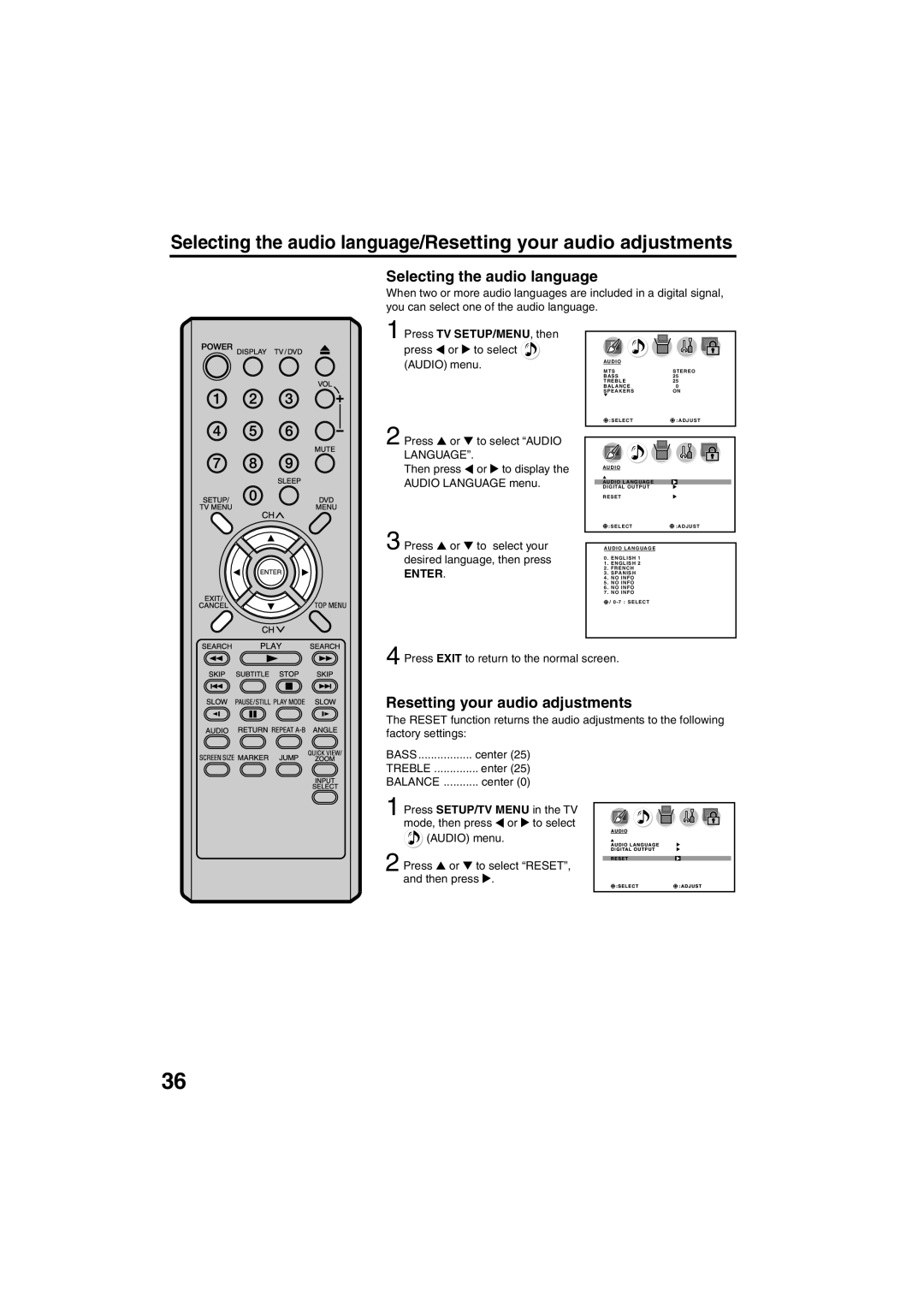 Sansui HDLCDVD325 owner manual Selecting the audio language, Resetting your audio adjustments 