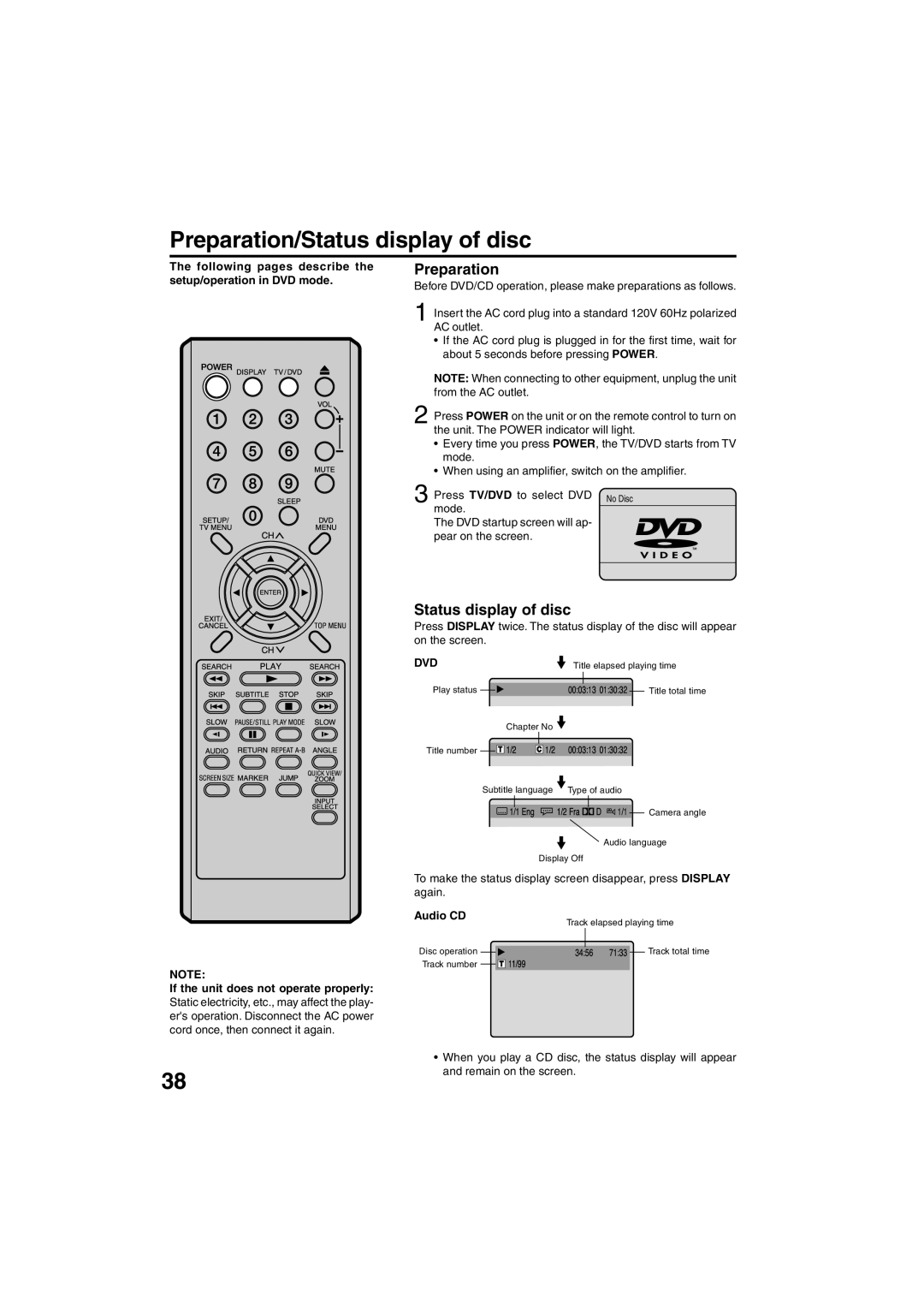 Sansui HDLCDVD325 owner manual Preparation/Status display of disc, Following pages describe the setup/operation in DVD mode 