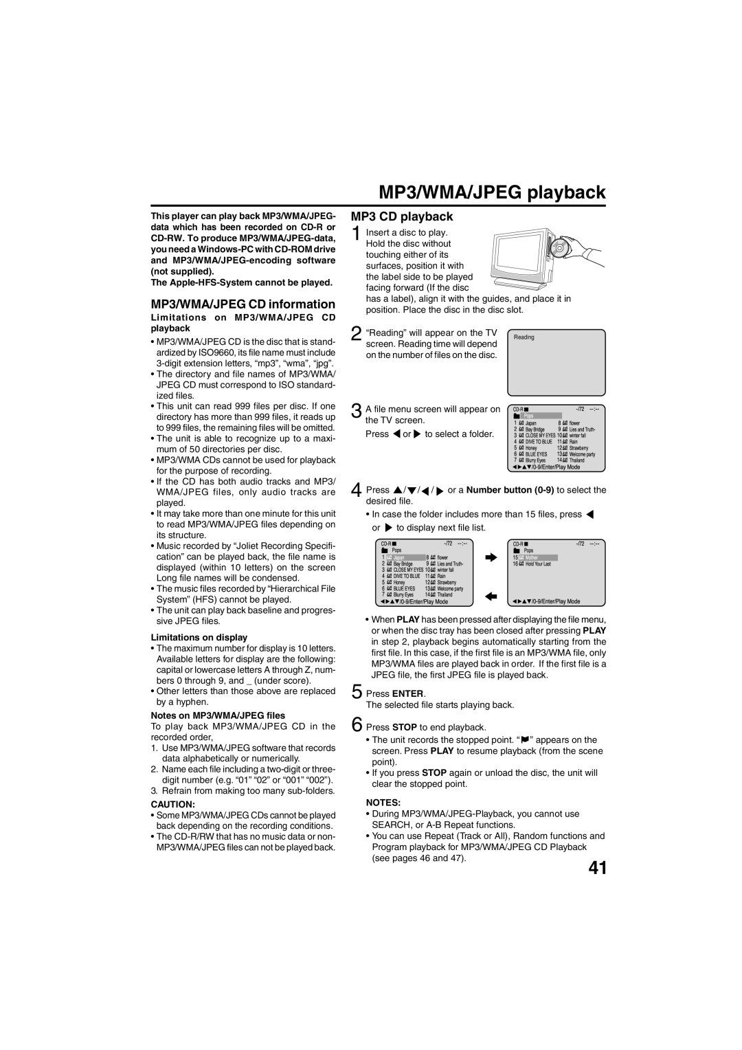 Sansui HDLCDVD325 MP3/WMA/JPEG playback, MP3/WMA/JPEG CD information MP3 CD playback, Apple-HFS-System cannot be played 