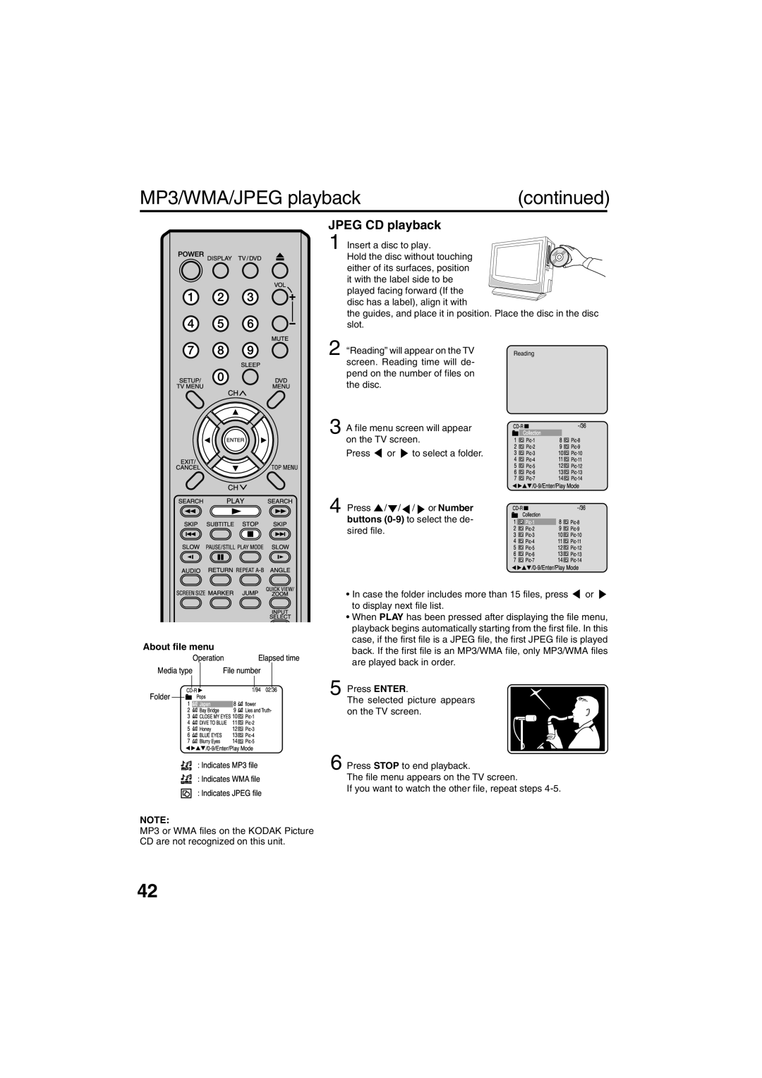 Sansui HDLCDVD325 owner manual MP3/WMA/JPEG playback, Jpeg CD playback, Or Number 