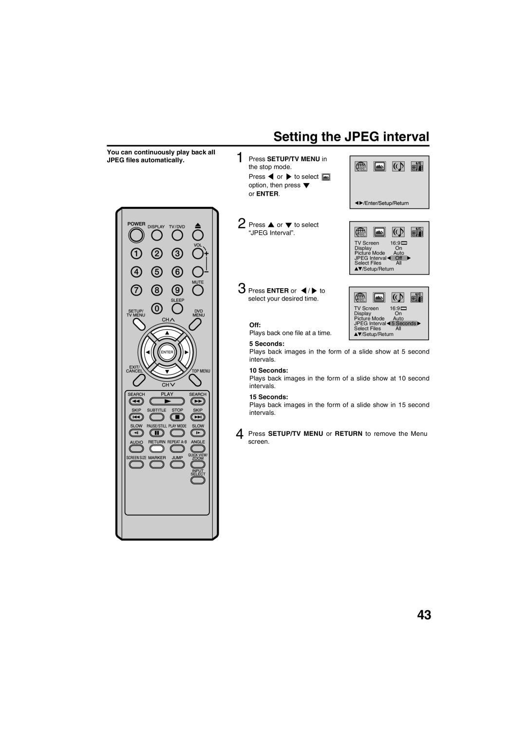 Sansui HDLCDVD325 owner manual Setting the Jpeg interval, Or Enter, Off, Seconds 