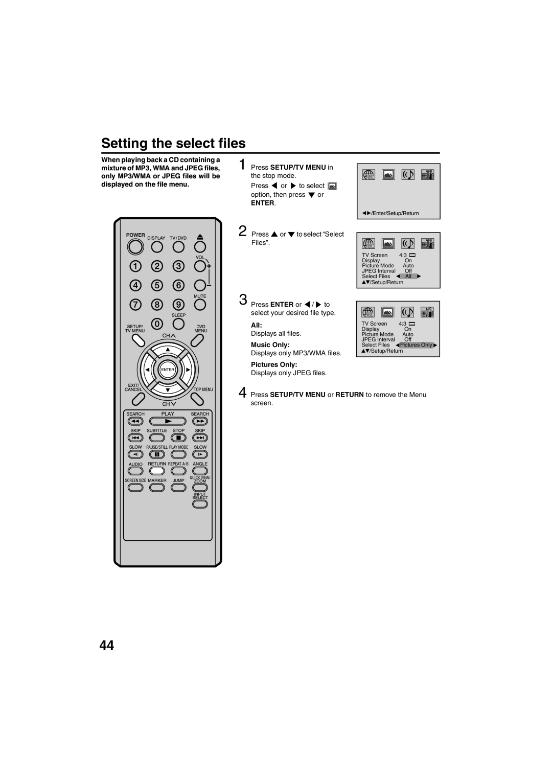 Sansui HDLCDVD325 owner manual Setting the select files, All, Music Only, Pictures Only 