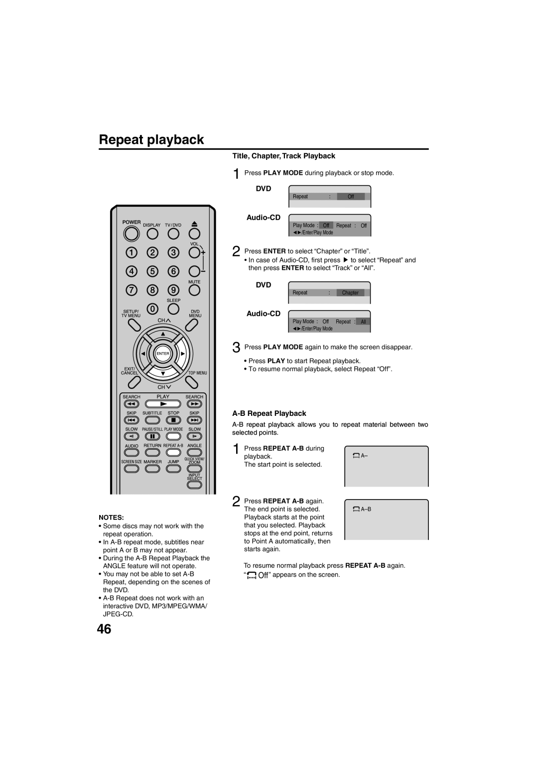 Sansui HDLCDVD325 owner manual Repeat playback, Title, Chapter, Track Playback, Audio-CD, Repeat Playback 