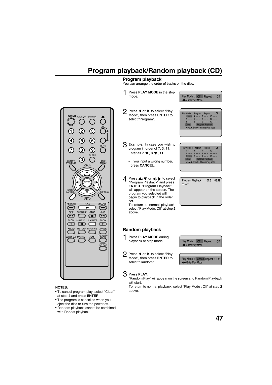 Sansui HDLCDVD325 owner manual Program playback/Random playback CD 