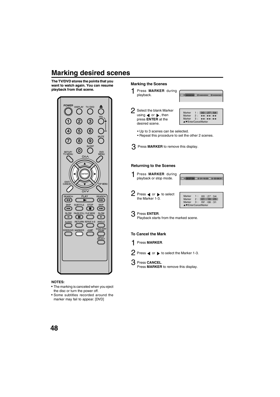 Sansui HDLCDVD325 owner manual Marking desired scenes, Marking the Scenes, Returning to the Scenes, To Cancel the Mark 