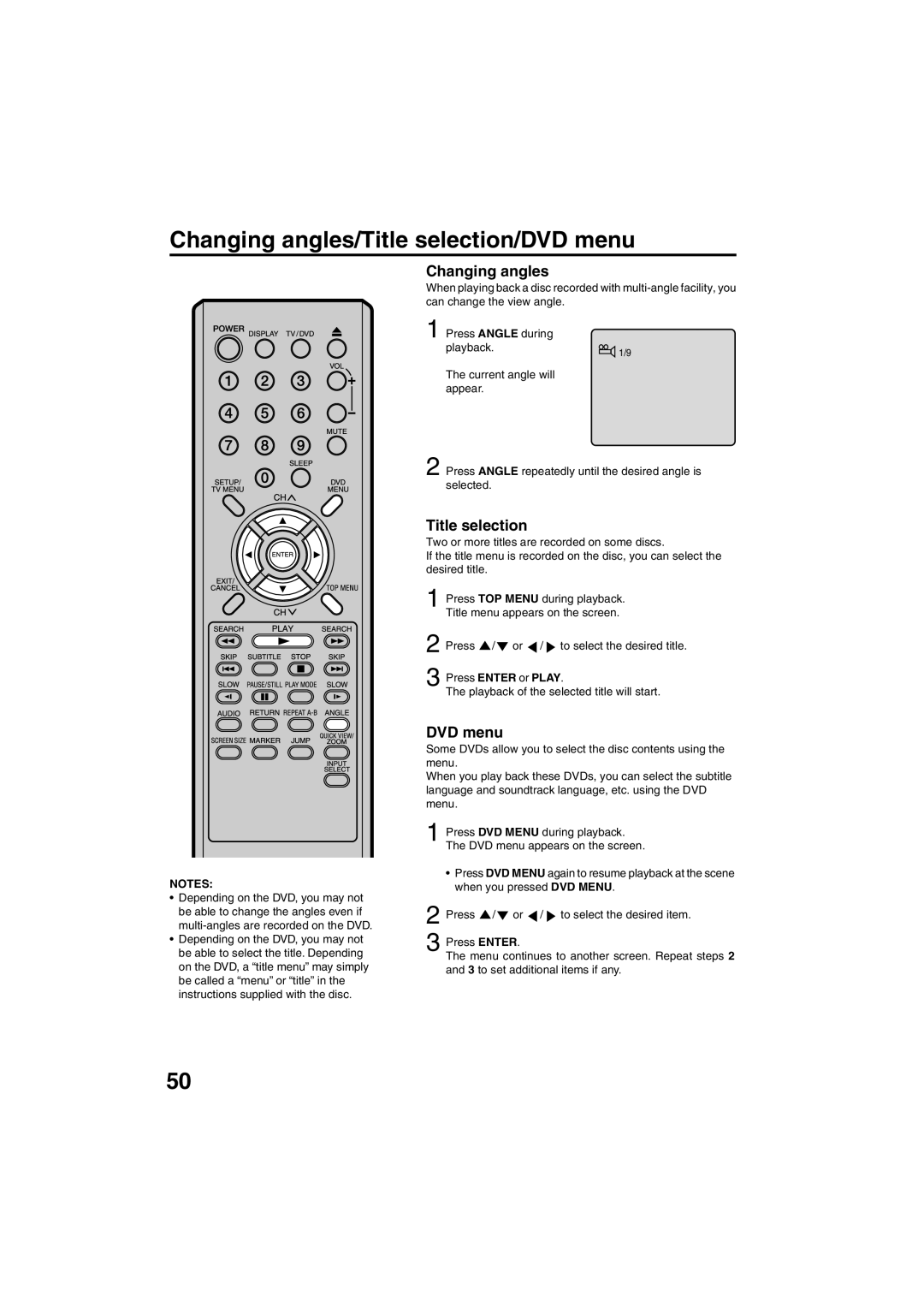 Sansui HDLCDVD325 owner manual Changing angles/Title selection/DVD menu 