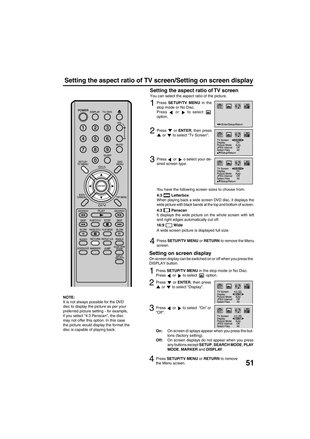 Sansui HDLCDVD325 owner manual Setting the aspect ratio of TV screen, Setting on screen display 