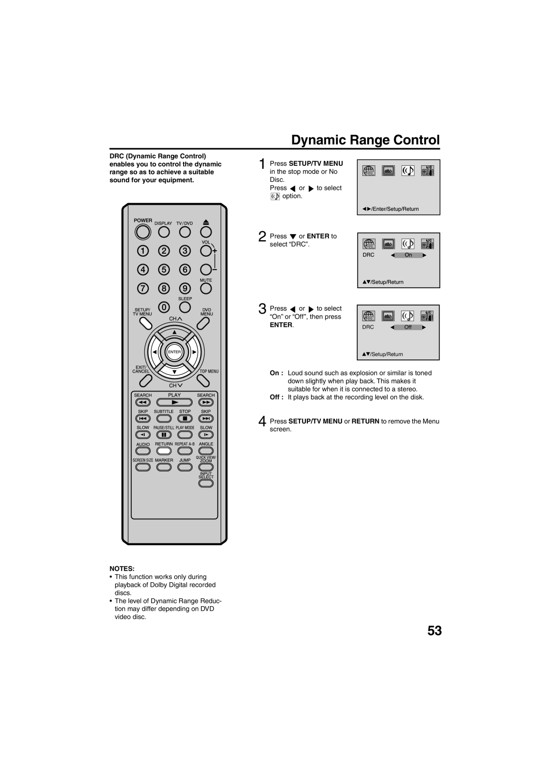 Sansui HDLCDVD325 owner manual DRC /Setup/Ret urnOn, Dynamic Range Control 