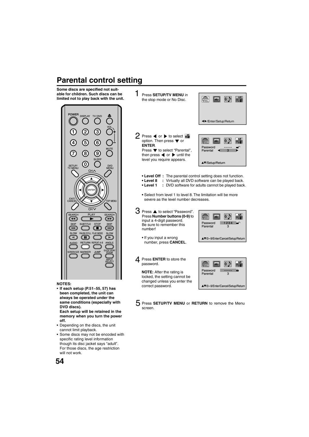 Sansui HDLCDVD325 owner manual Parental control setting, Press Number buttons 0-9 to 