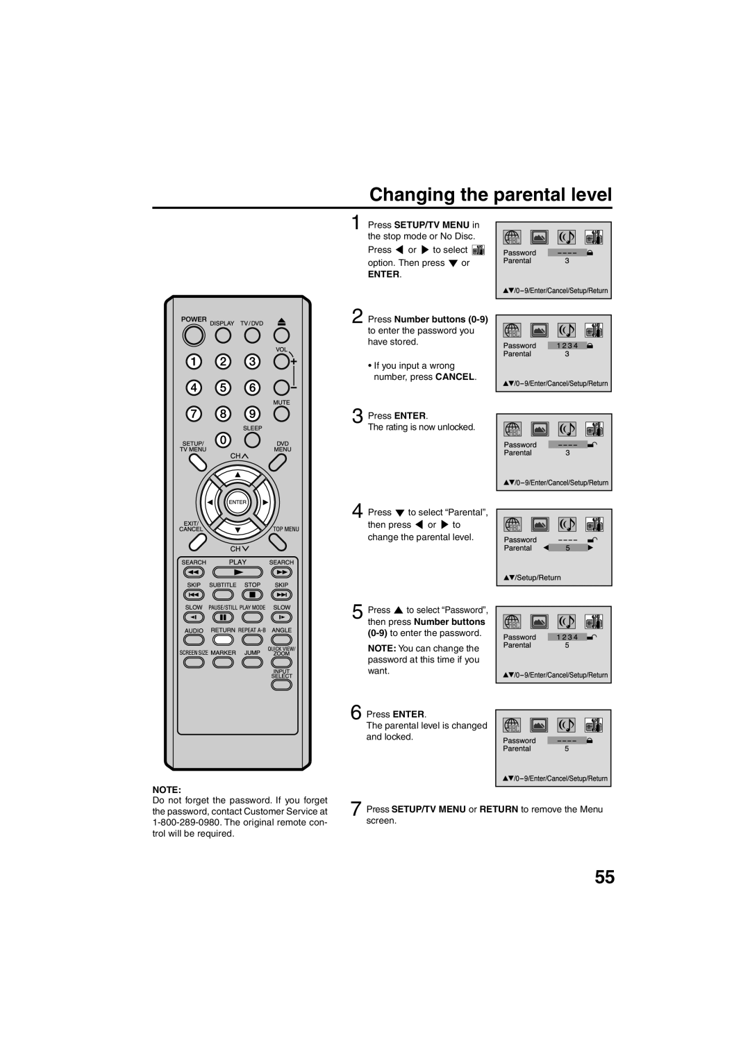 Sansui HDLCDVD325 owner manual Changing the parental level, Press Number buttons, Then press Number buttons 