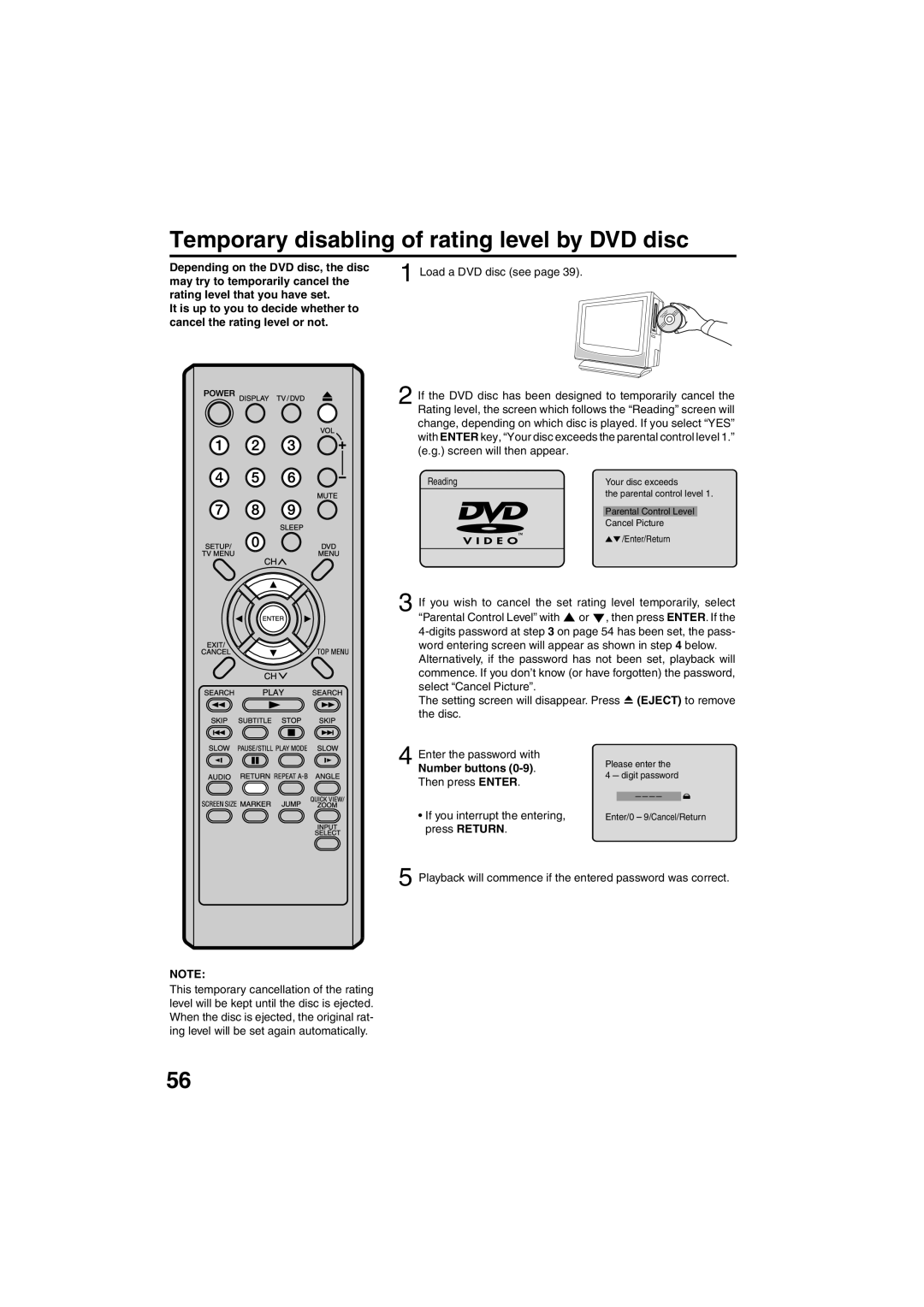 Sansui HDLCDVD325 owner manual Temporary disabling of rating level by DVD disc, If you interrupt the entering, press Return 