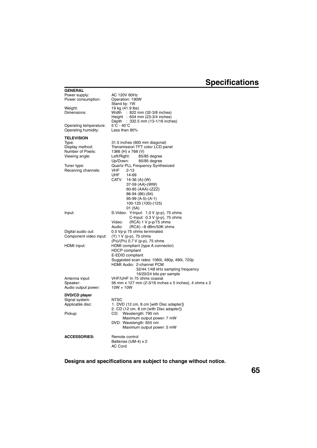 Sansui HDLCDVD325 owner manual Specifications, General, Television, DVD/CD player, Accessories 