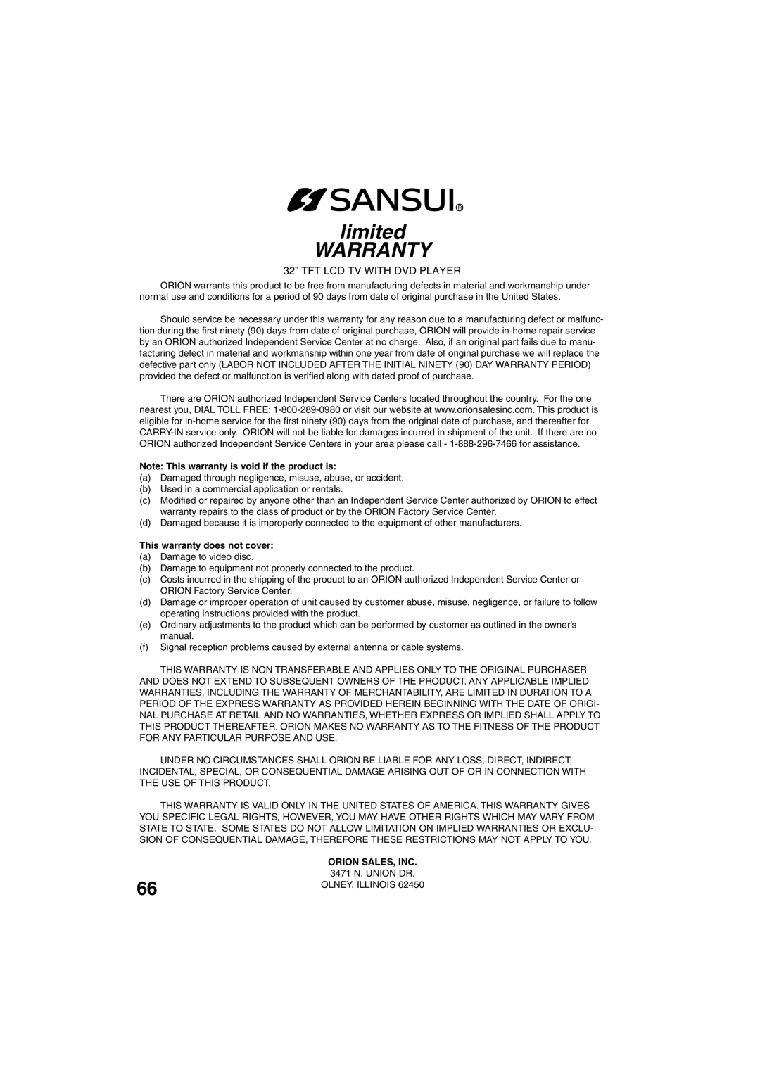 Sansui HDLCDVD325 owner manual Warranty, This warranty does not cover 