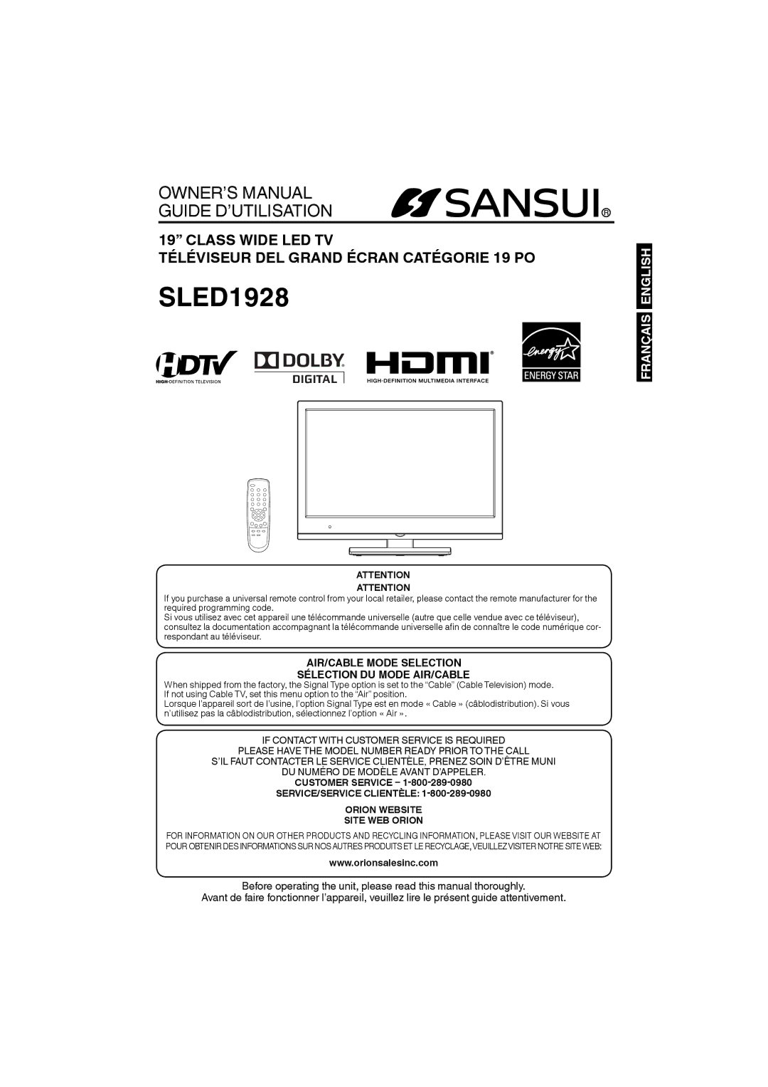 Sansui SLED1928 owner manual Customer Service, SERVICE/SERVICE Clientèle Orion Website Site WEB Orion 