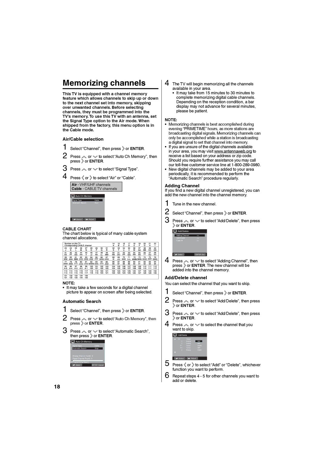 Sansui SLED1928 owner manual Memorizing channels, Air/Cable selection, Automatic Search, Adding Channel, Add/Delete channel 
