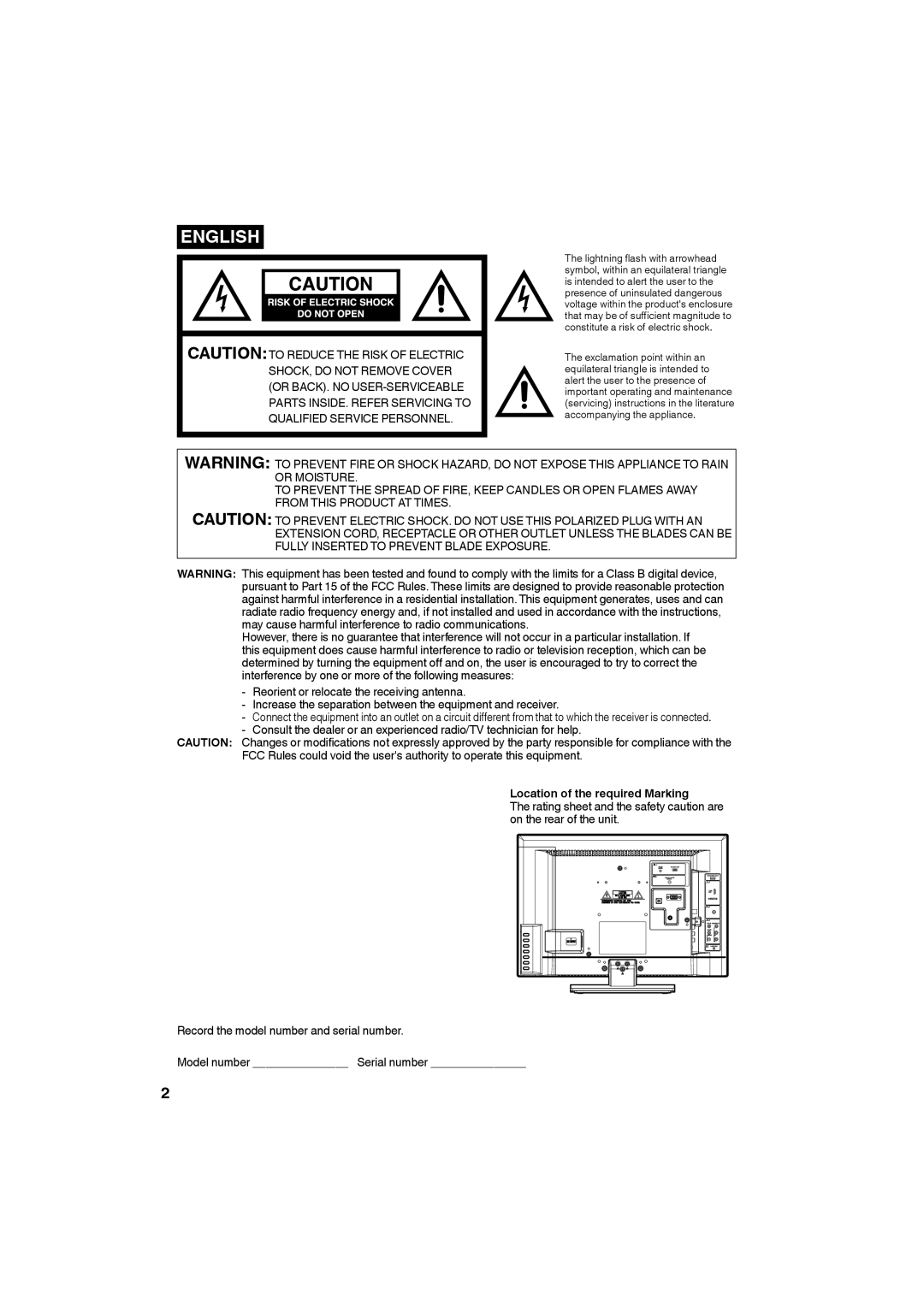 Sansui SLED1928 owner manual English, Location of the required Marking 