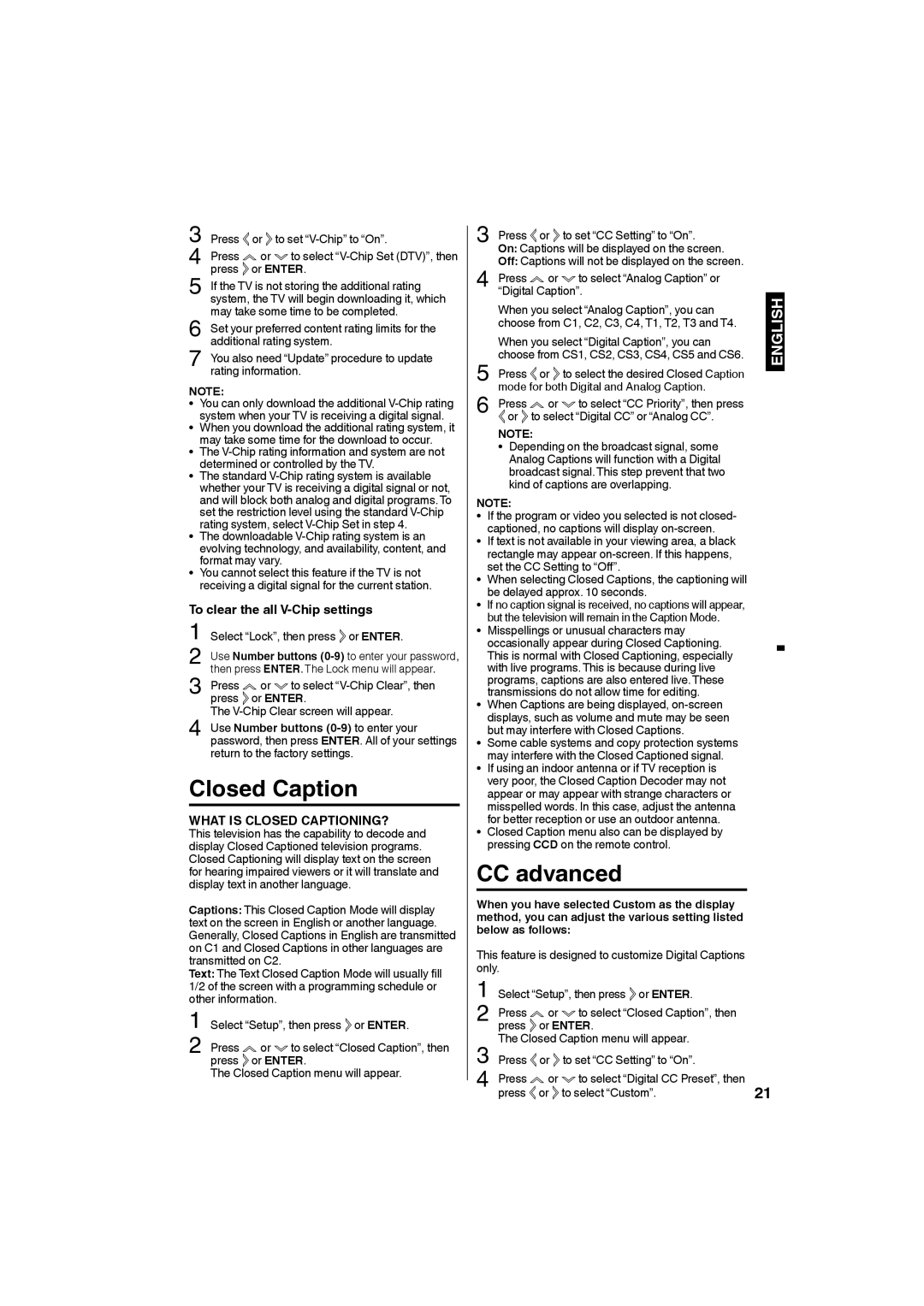 Sansui SLED1928 owner manual Closed Caption, CC advanced, To clear the all V-Chip settings 