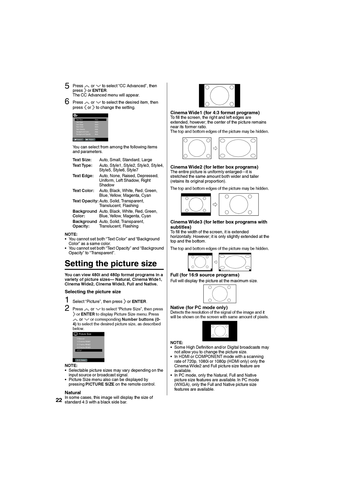 Sansui SLED1928 owner manual Setting the picture size 