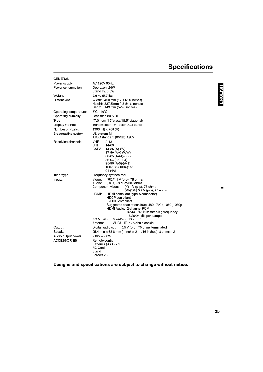 Sansui SLED1928 owner manual Specifications, General, Accessories 