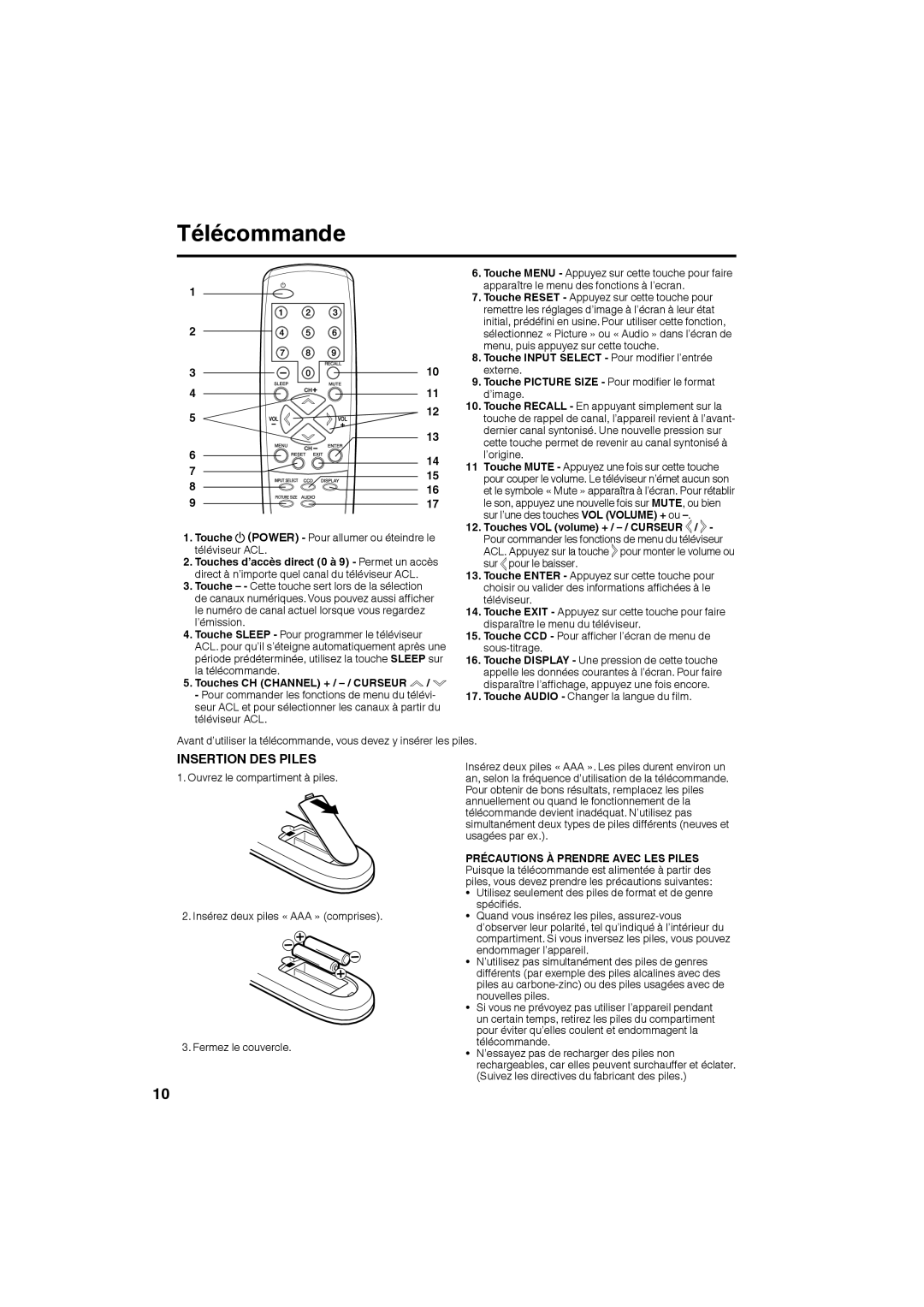 Sansui SLED1928 owner manual Télécommande, Remettre les réglages d’image à l’écran à leur état 